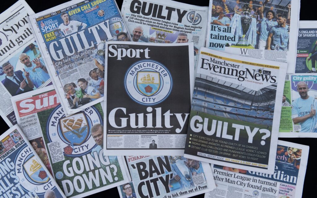 An array of headlines and front pages of British newspapers responding to the Manchester City scandal.